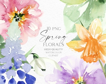 May include: A digital illustration of 10 watercolor spring floral clipart images. The images feature a variety of flowers in shades of pink, purple, blue, green, yellow, and orange. The text "10 PNG Spring Florals High-Quality Watercolor Clipart Olga.Koelsch" is included in the image.