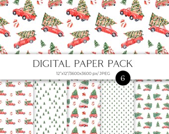 Può includere: Un pacchetto di carta digitale con sei motivi senza cuciture che presentano camioncini rossi che trasportano alberi di Natale. I motivi sono su uno sfondo bianco con piccoli alberi verdi.