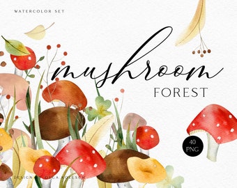 Watercolor mushroom clipart, Forest mushrooms png, Cute mushrooms for baby shower, birthday decor 006
