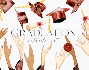 Graduation Clipart, Watercolor Graduation clip art. Grad cap,  School Clipart, University, Diploma Illustration, Party decorations 146