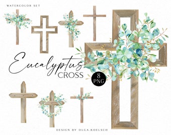 Watercolor eucalyptus wooden cross clipart, Religious easter clipart, Baptism cross, First Communion boys clipart