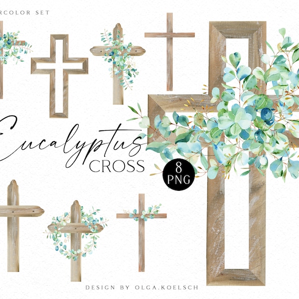 Watercolor eucalyptus wooden cross clipart, Religious easter clipart, Baptism cross, First Communion boys clipart