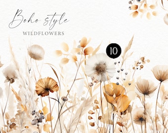 Op de afbeelding: Een aquarel-illustratie van een boeket gedroogde wilde bloemen in tinten beige, bruin en wit. De illustratie is gelabeld met "Boho style wildflowers" en "Bouquets & Borders" met het nummer "10" in een cirkel. De naam van de kunstenaar, "OLGA.KOELSCH", staat onderaan de illustratie.