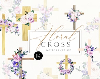 Watercolor Floral Cross Clipart, Easter, Baptism (PNG Files)