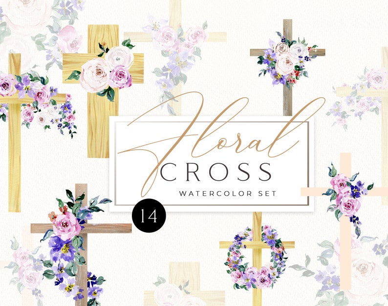 Religious easter clipart Watercolor floral cross clipart First Communion clipart baptism