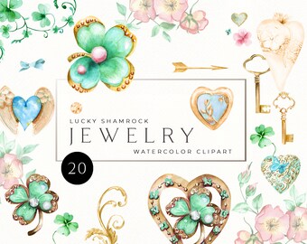 Puede incluir: Un conjunto de 20 imágenes de clipart de acuarela de joyas de trébol de la suerte. Las imágenes incluyen dijes de trébol, corazones, llaves y elementos florales. El texto "LUCKY SHAMROCK JEWELRY WATERCOLOR CLIPART" está incluido en la imagen.