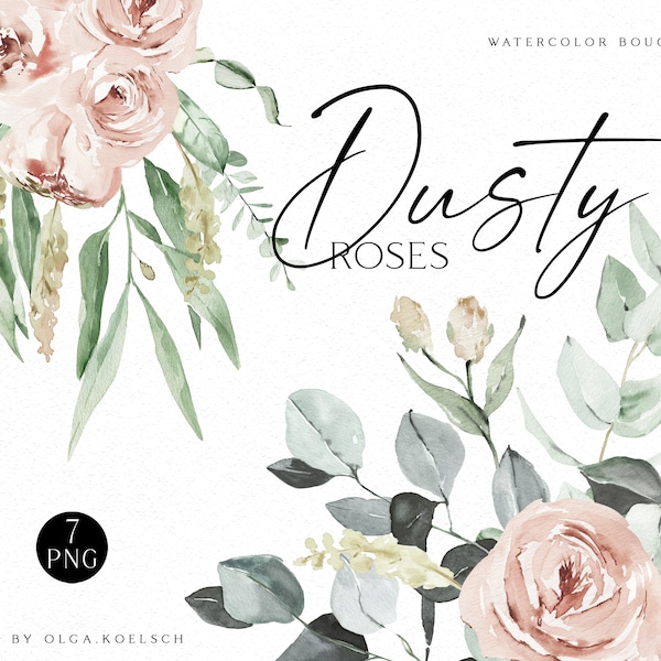 Boho roses bouquets clipart, Watercolor floral borders png, Pink wedding clipart with dusty pink roses OK001