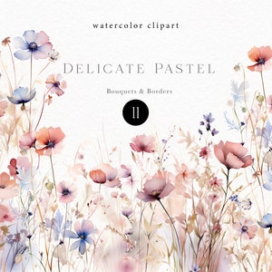 Pu&ograve; includere: Clipart ad acquerello di delicati fiori pastello rosa, pesca e blu con steli e foglie verdi. I fiori sono disposti in un design a bouquet e bordo. Il testo "DELICATE PASTEL" e "Bouquets & Borders" &egrave; scritto in testo nero. Il numero "11" &egrave; scritto in un cerchio nero.