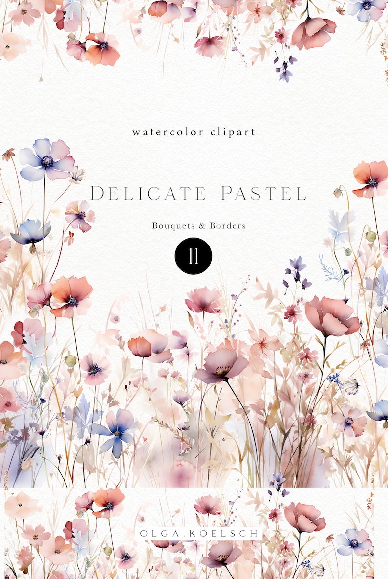 Pu&ograve; includere: Clipart ad acquerello di delicati fiori pastello rosa, pesca e blu con steli e foglie verdi. I fiori sono disposti in un design a bouquet e bordo. Il testo "DELICATE PASTEL" e "Bouquets & Borders" &egrave; scritto in testo nero. Il numero "11" &egrave; scritto in un cerchio nero.