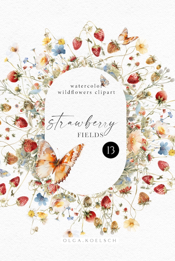 Watercolor meadow strawberry clipart, Floral butterfly png meadow flowers bouquets, Meadow floral borders for wedding invitation