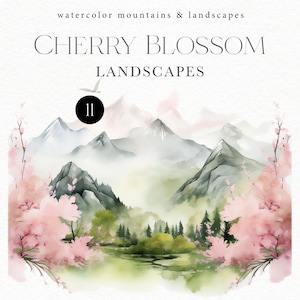 Aquarell Kirschblüte, Sakura Berg Frühling Landschaft Clipart, Frühlingslandschaft png für Poster, Einladungen, Wohnkultur 166
