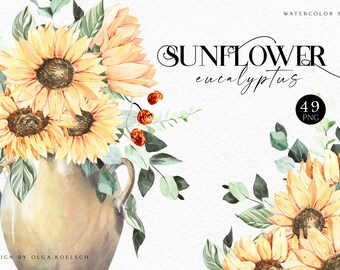 Könnte beinhalten: Aquarell-Illustrationsset mit Sonnenblumen und Eukalyptusblättern. Das Set enthält 49 PNG-Dateien. Die Sonnenblumen sind gelb mit braunen Zentren und die Eukalyptusblätter sind grün. Der Text "SUNFLOWER eucalyptus" ist in Schwarz geschrieben.