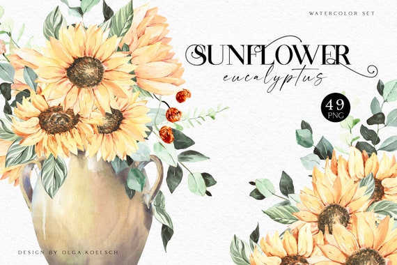 Watercolor sunflower clipart, Boho sunflower png, Eucalyptus clipart with sunflower elements, Pumpkin and sunflower wreath png 023