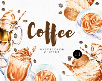 Clipart de café en acuarela, latte y postres (PNG)