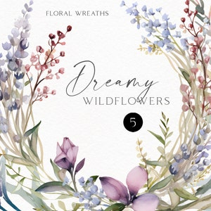 Imágenes prediseñadas de bordes de flores silvestres de acuarela, ramo de prado morado png para bodas de flores silvestres, baby shower, carteles 158