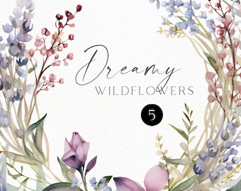 Watercolor wildflower borders clipart, Purple meadow bouquet png for wildflower wedding, baby shower, posters 158