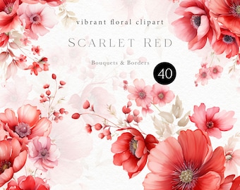 Watercolor Red Flower Clipart, Red and Blush Poppy PNG, Floral Wedding Clipart,  Watercolor Red Peony Bouquets, Floral Borders