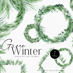 Guirlanda de natal com aquarela verde, clipart de eucalipto e pinheiro, buquês de inverno e molduras verdes para scrapbooking digital