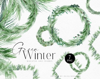 Watercolor greenery christmas wreath clipart, Eucalyptus and pine tree clipart, winter bouquets and greenery frames for digital scrapbooking