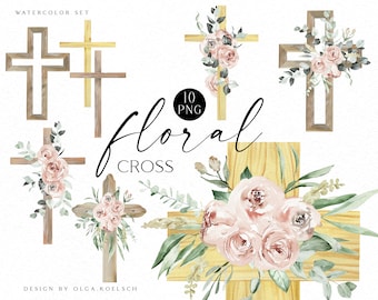 Aquarel bloemen kruis clipart, religieuze Pasen clipart, doop kruis, eerste communie clipart