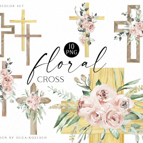 Watercolor floral cross clipart, Religious easter clipart, Baptism cross, First Communion clipart