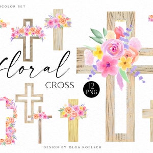 Aquarelle florale croix clipart, croix de baptême, première communion clipart, clipart religieux de Pâques