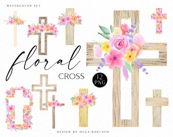 Watercolor floral cross clipart, Baptism cross, First Communion clipart, Religious easter clipart
