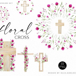 Aquarelle florale croix clipart, croix de baptême, première communion clipart, clipart religieux de Pâques