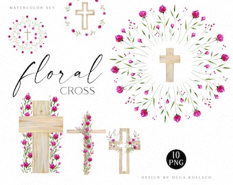 Watercolor floral cross clipart, Baptism cross, First Communion clipart, Religious easter clipart