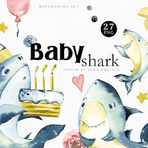 Baby shark birthday clipart, Watercolor nautical baby shower, stickers ideas