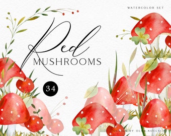 Op de afbeelding: Waterverf illustratieset van 34 rode en roze paddenstoelen met witte stippen. De paddenstoelen zijn omringd door groene bladeren en bloemen. De tekst "Rode Paddenstoelen" is geschreven in zwarte cursieve letters.