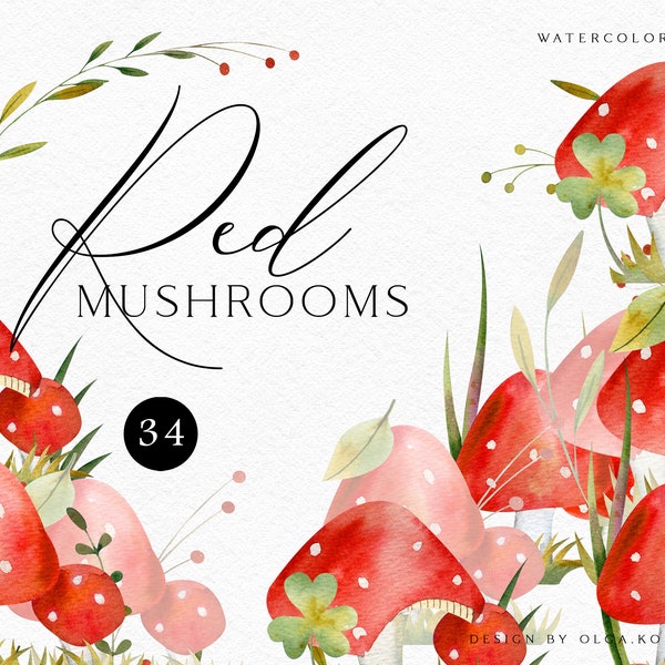 Clipart champignon aquarelle, png de champignons forestiers, champignons rouges mignons pour baby shower, décoration d'anniversaire 006