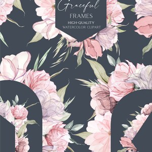 May include: Five watercolor floral frames in shades of pink, purple, and green on a dark gray background. The text "Graceful Frames" and "High-Quality Watercolor Clipart" is displayed in the center of the image. The artist's name, "OLGA.KOELSCH", is displayed at the bottom of the image.
