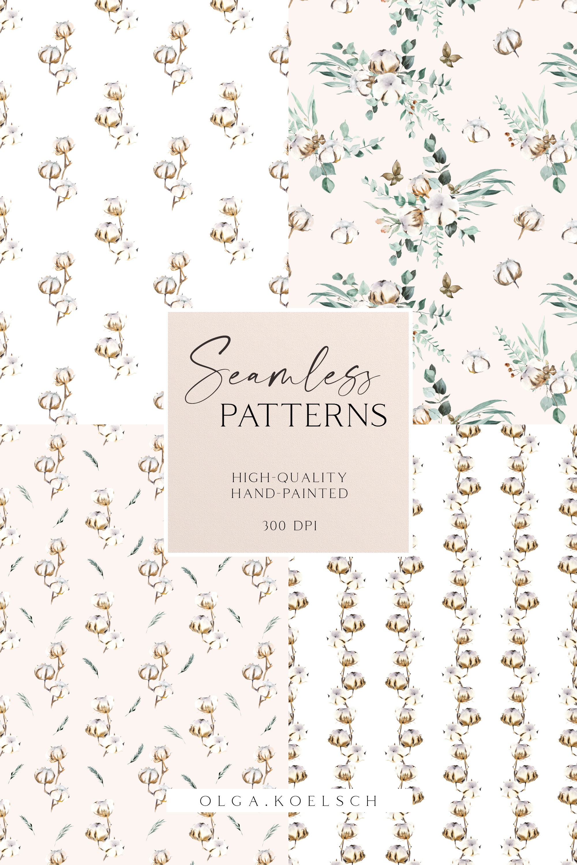 Watercolor Cotton Seamless Pattern, Eucalyptus Seamless Paper for ...