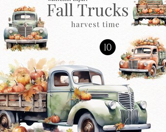 Watercolor harvest truck clipart, Pumpkin farmhouse gardening clipart for Thanksgiving, garden flags,  garden flags 150
