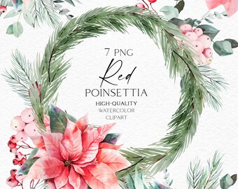 Aquarell Weihnachtsstern Clipart, roter Weihnachtsstern Kranz png, Weihnachtskranz Clipart mit Winterblumen 134