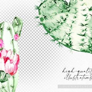 May include: Watercolor illustration of a cactus with pink flowers. The cactus is in the shape of a heart. The illustration is on a white background with a transparent grid.
