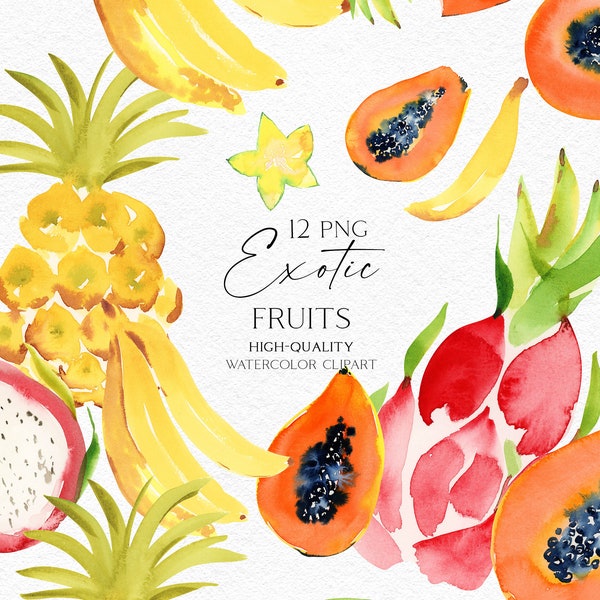 Watercolor fruit clipart, Exotic tropical fruits png fro summer menu, cocktail, vacation poster