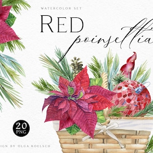 Watercolor red cristmas wreath clipart, Red poinsettia winter flower png, Christmas greenery clipart, winter holiday essentials 109