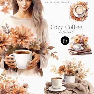 Clipart de café aquarela, Garota da moda outono com xícara de café png, Caneca de cappuccino com elementos florais para pôster, planejador, adesivos 162