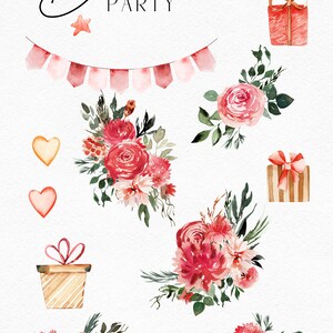 Op de afbeelding: Waterverf illustraties van een boho-partythema met roze en rode bloemen, harten, sterren en cadeaudozen. De tekst "boho party" is geschreven in zwarte cursieve letters.