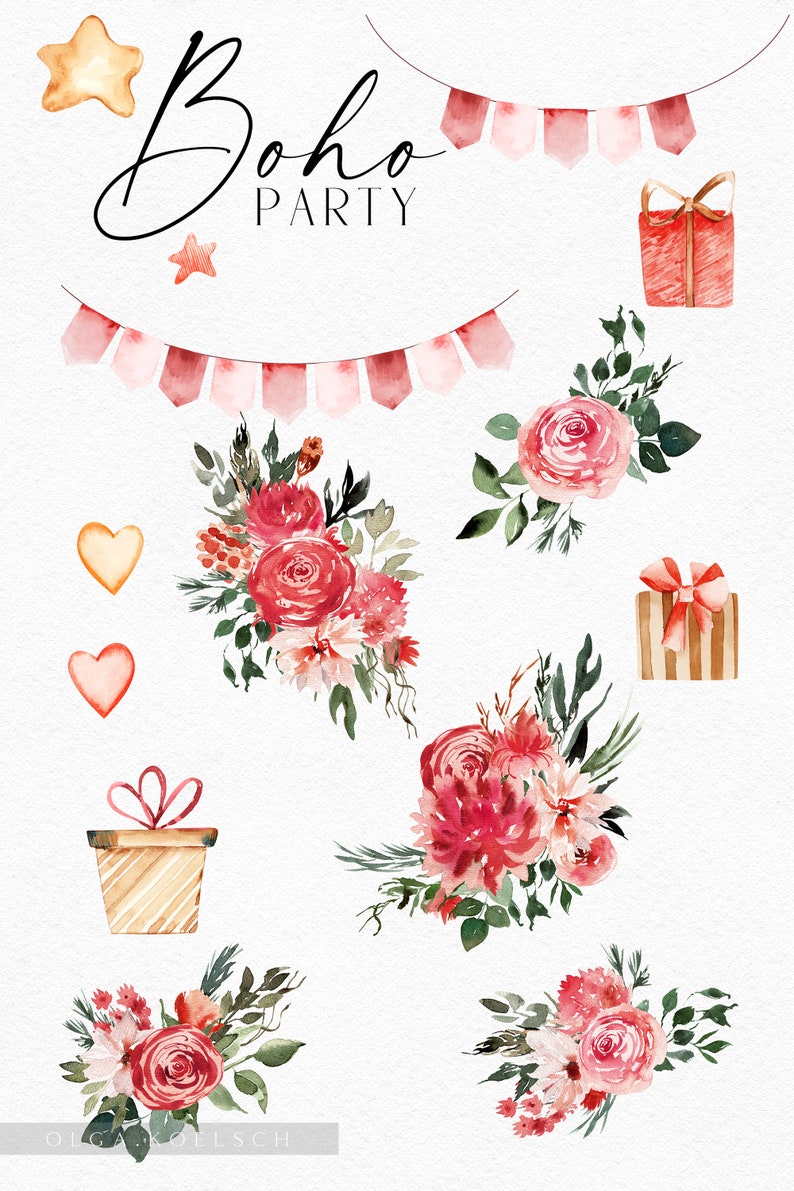Op de afbeelding: Waterverf illustraties van een boho-partythema met roze en rode bloemen, harten, sterren en cadeaudozen. De tekst "boho party" is geschreven in zwarte cursieve letters.