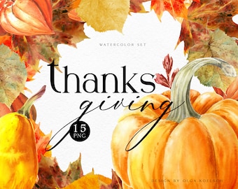 Watercolor pumpkin clipart, Fall wreath Thanksgiving clipart, Farmhouse pumpkin png, autumn leaves clipart 055