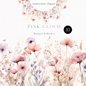 Pu&ograve; includere: Clipart ad acquerello di un bouquet floreale rosa con fiori delicati ed erbe. Il bouquet &egrave; etichettato "PINK CLOUD Bouquets & Borders 10" e "OLGA.KOELSCH".