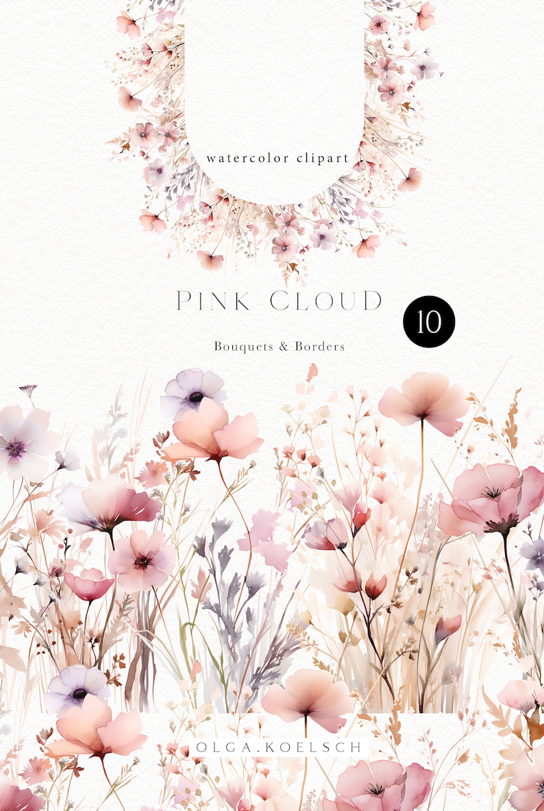 Pu&ograve; includere: Clipart ad acquerello di un bouquet floreale rosa con fiori delicati ed erbe. Il bouquet &egrave; etichettato "PINK CLOUD Bouquets & Borders 10" e "OLGA.KOELSCH".