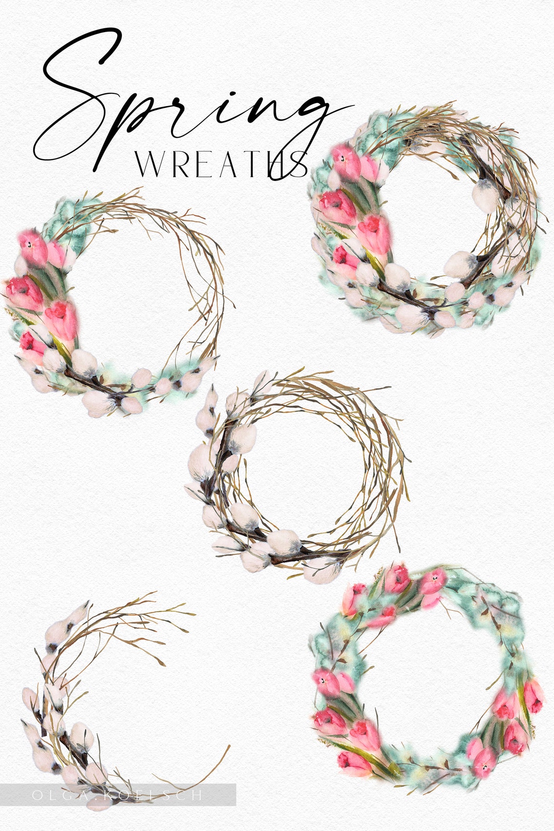 Watercolor Easter Clipart, Wreath Png, Spring Flowers Borders, Hand ...