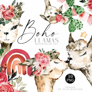 Clipart de lamas bohèmes, png aquarelle amour de lama, clipart cactus, arcs-en-ciel pour chambre d'enfant bohème, impression d'art, décoration d'anniversaire, Saint-Valentin
