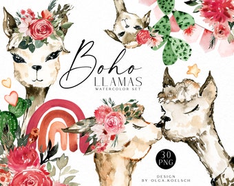 Boho lama's clipart, aquarel liefde lama png, cactussen clipart, regenbogen voor boho kinderkamer, art print, verjaardagsdecor, Valentijnsdag