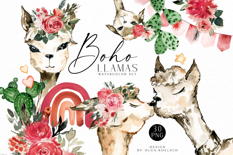 Op de afbeelding: Waterverf-illustratieset van 30 boho-lama's met bloemenkransen, cactussen, regenbogen en vlaggetjes. De set heeft de titel "Boho Llamas Watercolor Set" en is ontworpen door Olga Koelsch.
