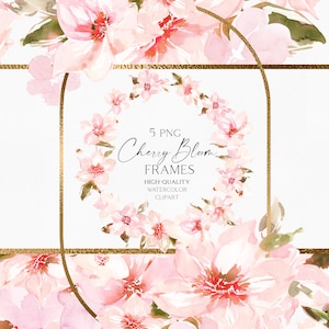 Clipart cadre fleur de cerisier. Aquarelle de fleur de sakura png, fleurs roses et cadres dorés pour invitation de mariage, baby shower 142